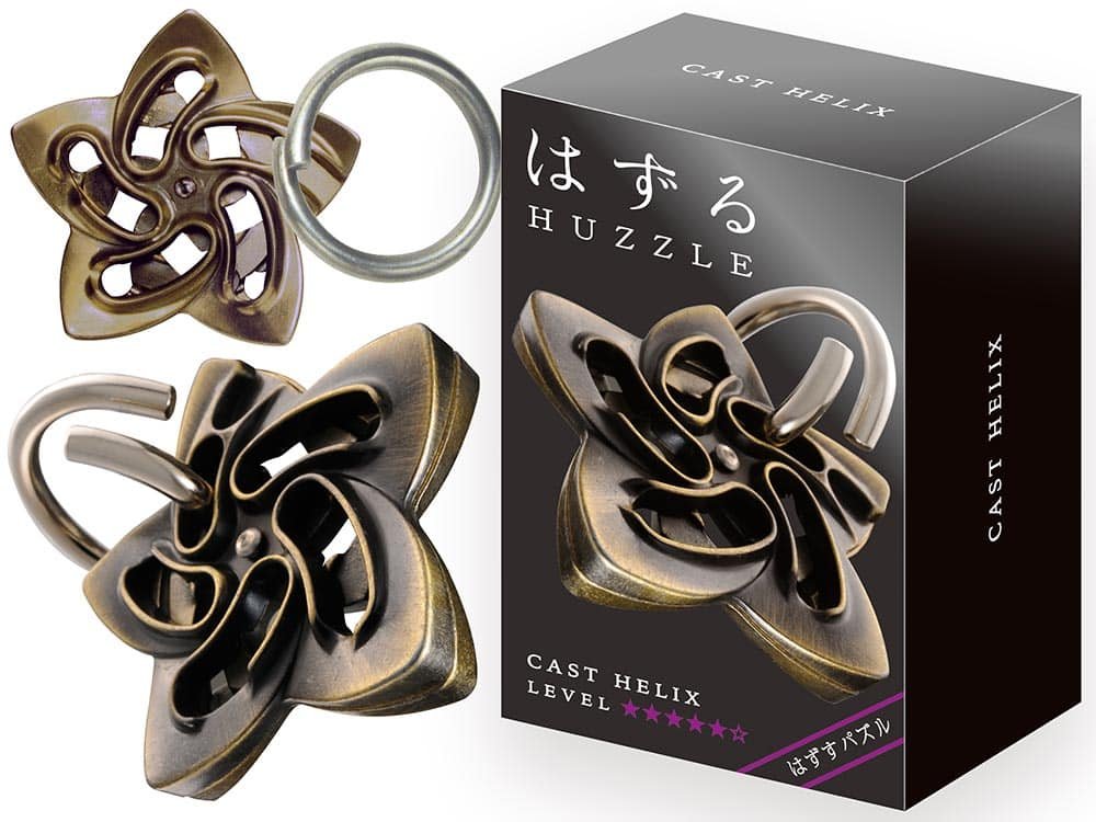 Brass metal helix puzzle with interlocking pieces and key ring
