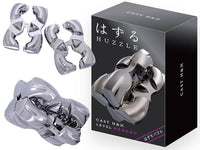 Metal cast puzzle set with interlocking chrome pieces and retail box