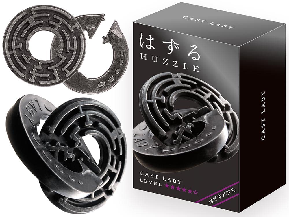 Metal interlocking maze puzzle pieces with boxed package, dark gray