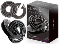 Metal interlocking maze puzzle pieces with boxed package, dark gray