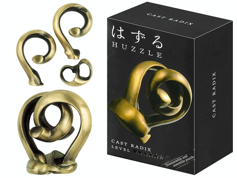 Brass metal Huzzle L5 puzzle: interlocking loop and heart-shaped ring pieces
