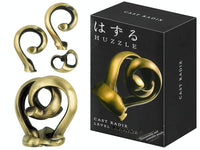 Brass metal Huzzle L5 puzzle: interlocking loop and heart-shaped ring pieces