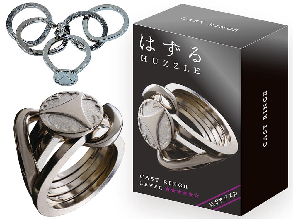 Metallic ring puzzle keychain with interlocking circular pieces and circular charms