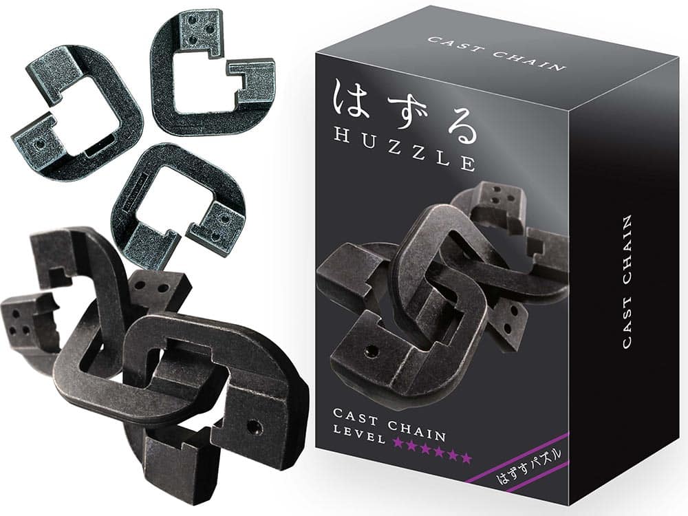 Hanayama Huzzle L6 chain puzzle set, interlocking dark metal links and storage box