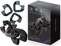 Hanayama Huzzle L6 chain puzzle set, interlocking dark metal links and storage box