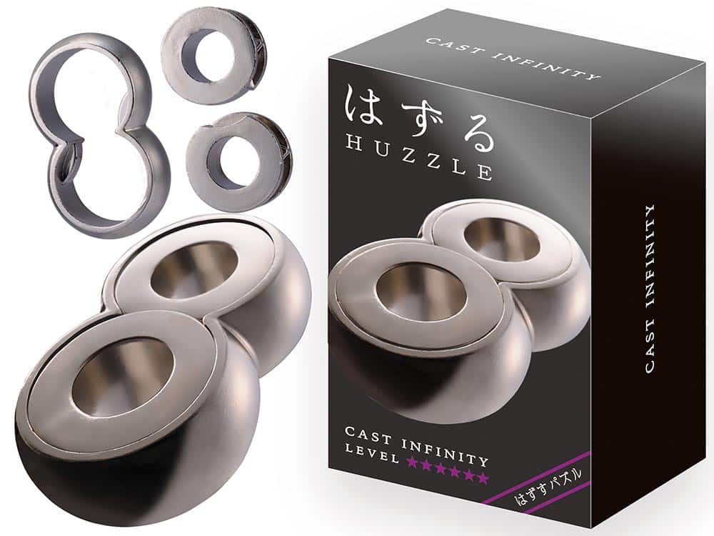 Metal cast Infinity puzzle with interlocking circular rings and oval gaps