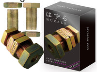 Hanayama Huzzle L6 Nutcase metal puzzle with threaded bolts, nuts, and hex pieces