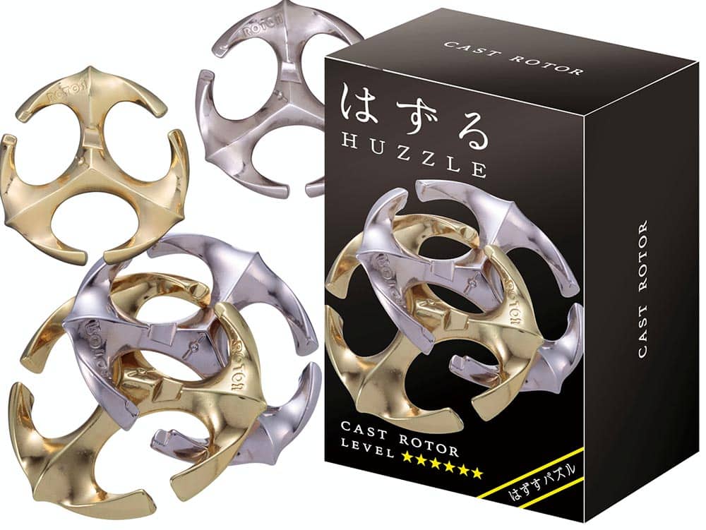 Hanayama Huzzle L6 Rotor metal puzzle with silver and gold interlocking rotor pieces, in box