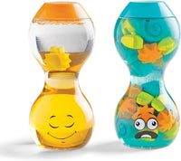 Pair of Hand2Mind sensory bottles: yellow smiling and teal worried, hourglass shape