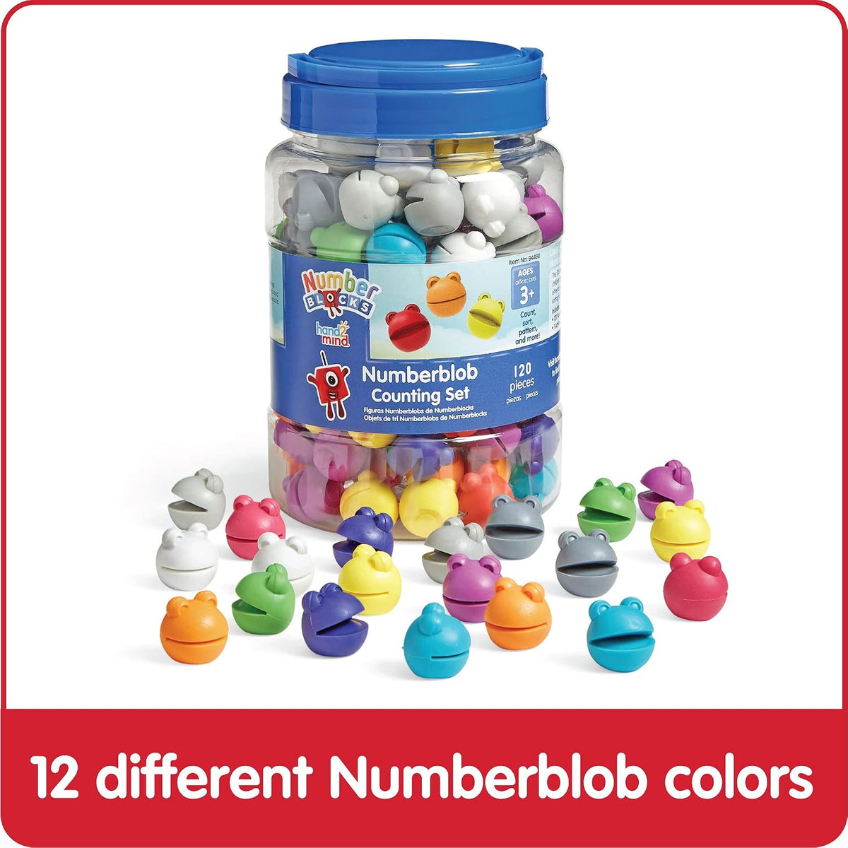 Numberblob Counting Set jar with blue lid plus scattered multicolor shell figures