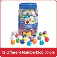 Numberblob Counting Set jar with blue lid plus scattered multicolor shell figures