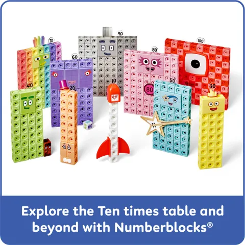 Colored Numberblocks-style MathLink cube towers with rocket and star accessory