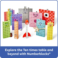 Colored Numberblocks-style MathLink cube towers with rocket and star accessory