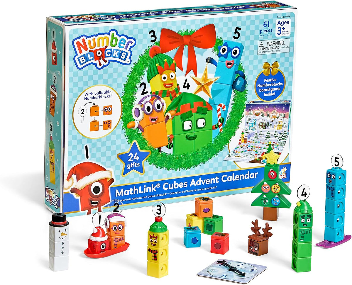 MathLink cubes advent calendar retail box with numbered cube accessories and activity mat