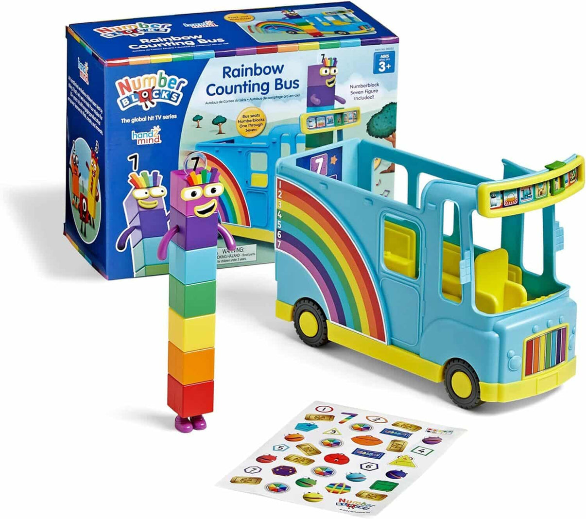 Rainbow counting bus toy with rainbow arch and building blocks; includes sticker sheet