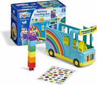 Rainbow counting bus toy with rainbow arch and building blocks; includes sticker sheet