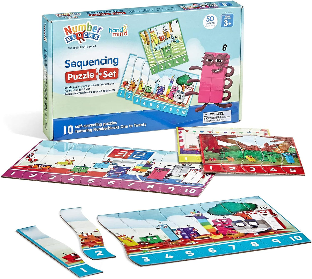 Numberblocks sequencing puzzle set box with numbered board puzzles and pieces