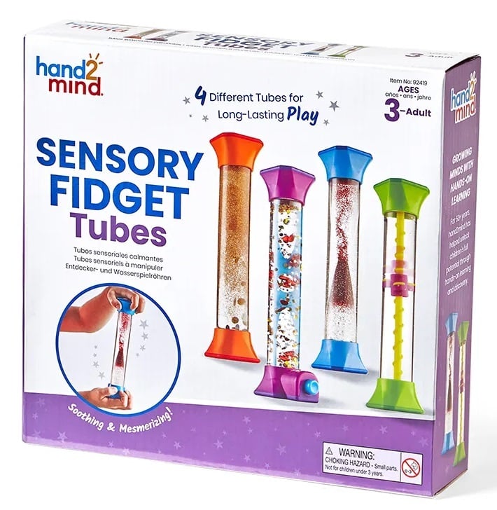 Sensory fidget tubes set box showing four colorful glitter and spinner tubes