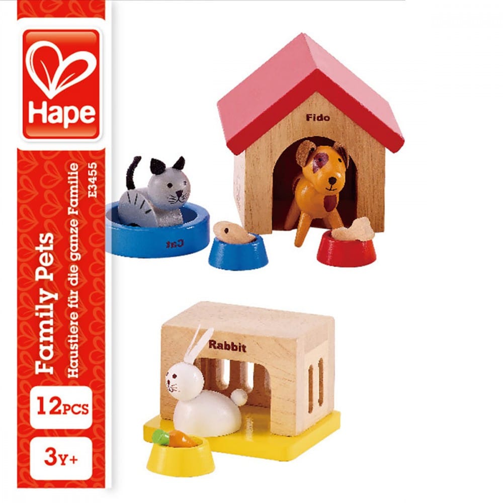Wooden pet dollhouse set with dog house, dog figure, and rabbit hutch
