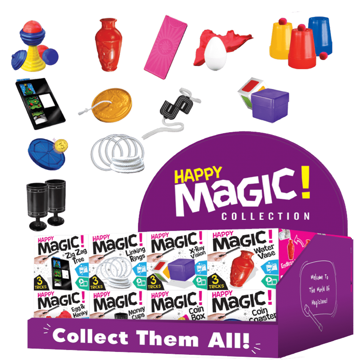 Mini magic tricks collection display with purple front box and assorted trick props