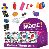 Mini magic tricks collection display with purple front box and assorted trick props