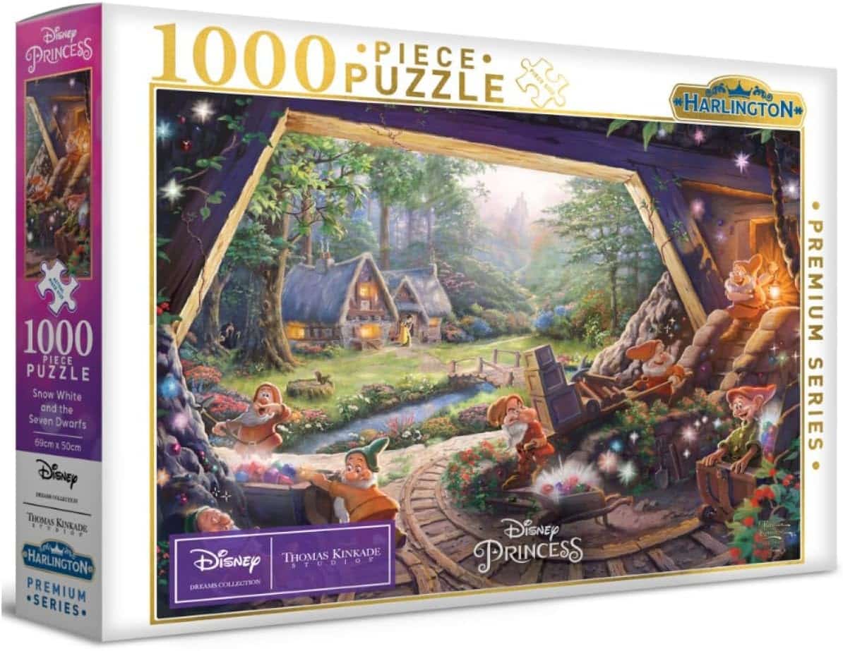 1000-piece jigsaw puzzle in box, featuring Snow White and the Seven Dwarfs scene