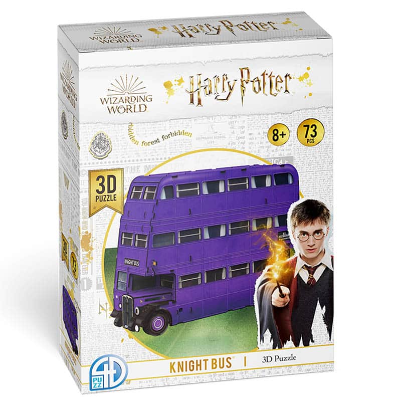 3D puzzle box showing purple Knight Bus and Harry Potter figure, 73 pieces