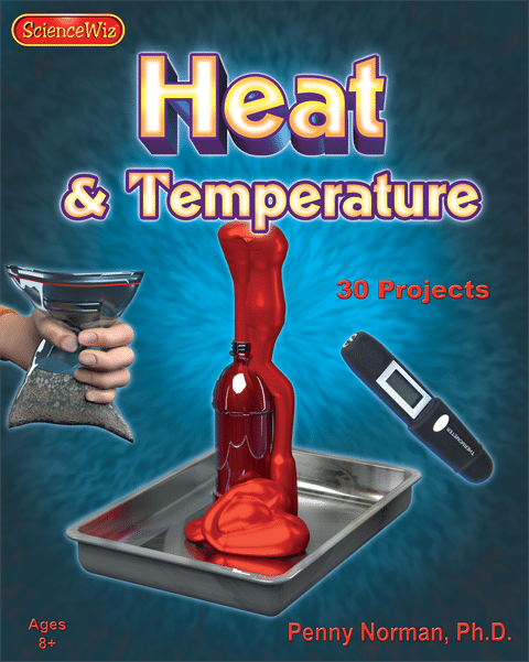 Heat & Temperature science kit box cover with red bulb, beaker, and tools, ScienceWiz