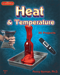 Heat & Temperature science kit box cover with red bulb, beaker, and tools, ScienceWiz