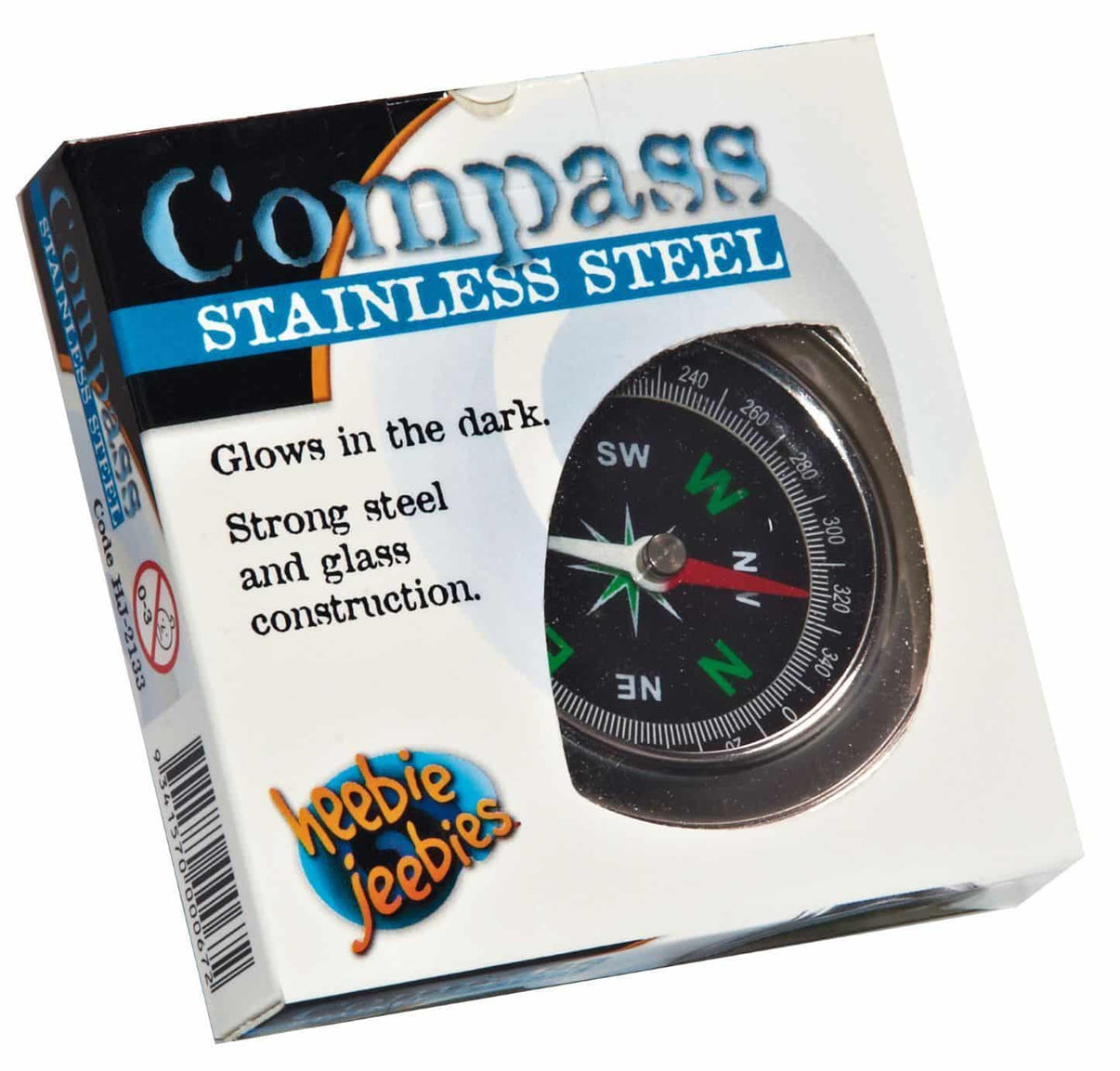 Stainless steel compass in retail box with directional needle and dial