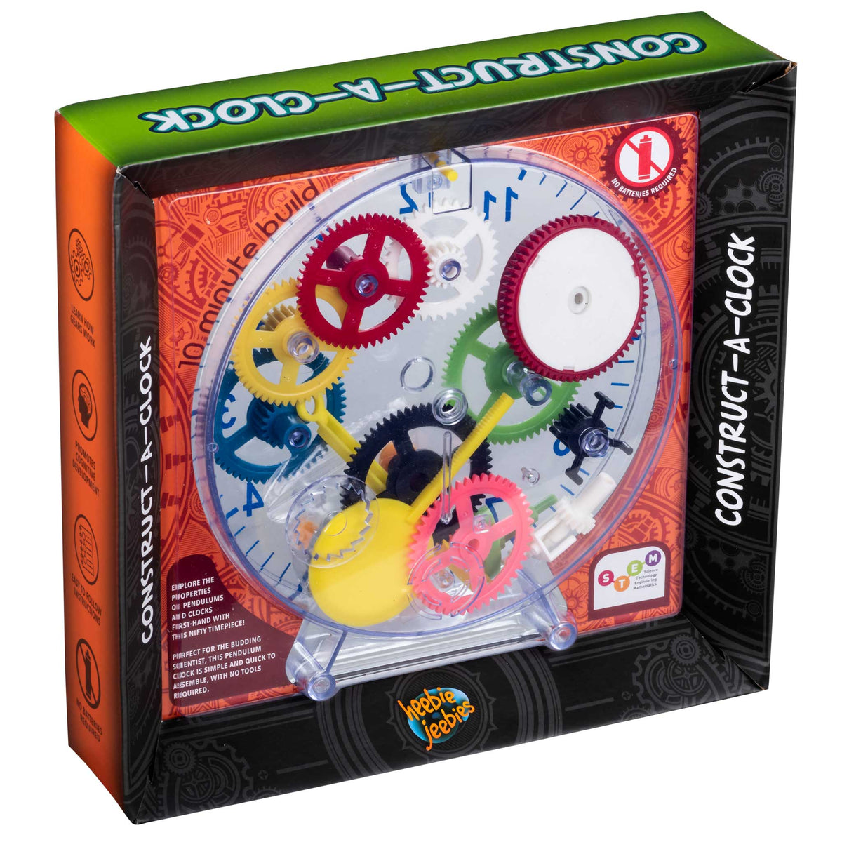Clock kit box with clear cover showing colorful gears and a white clock dial