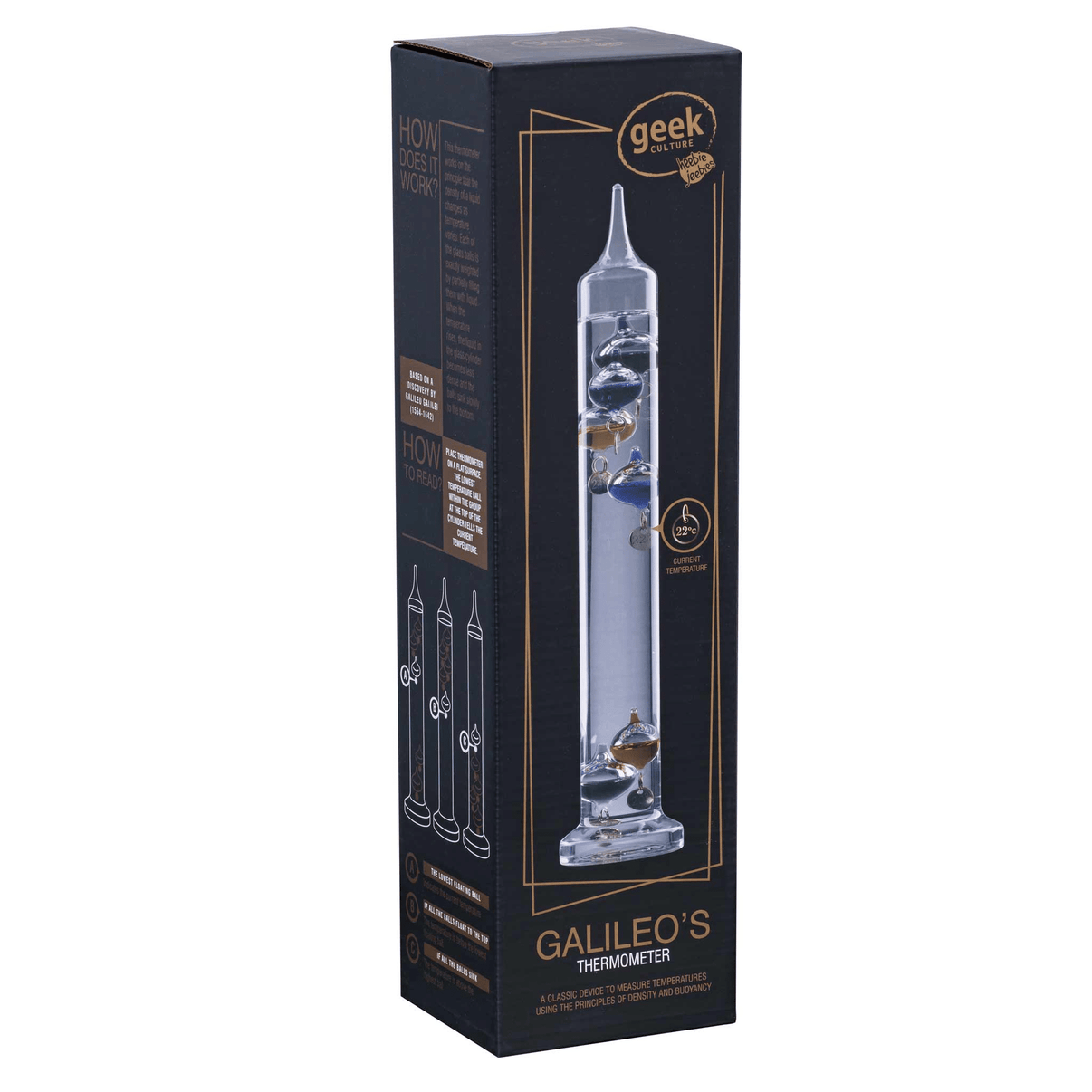 Galileo-style thermometer in retail box with floating multi-color balls