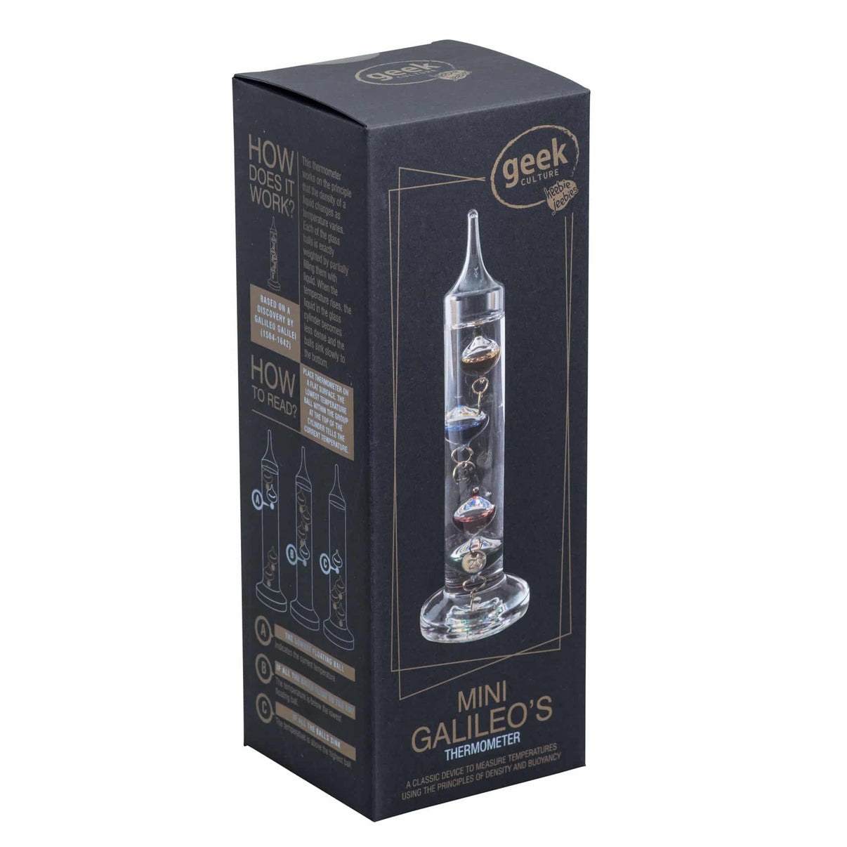 Mini Galileo thermometer retail box, black packaging with thermometer illustration