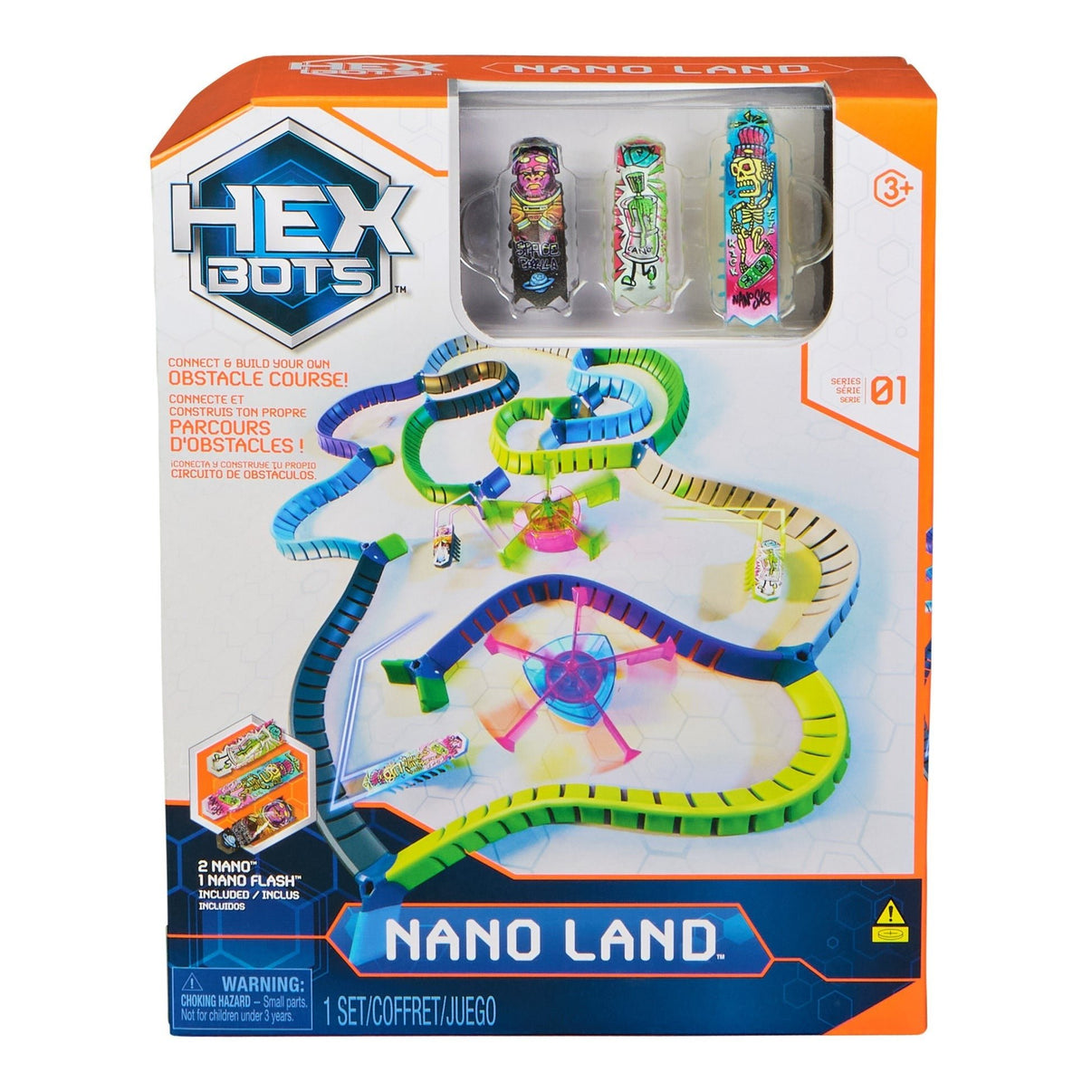 Nano Land play set box with colorful track and three nano robot figures