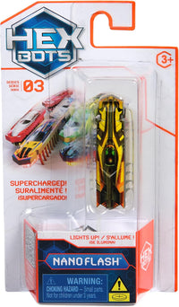 Hex Bots Nano Flash toy in clear blister pack, red and yellow lightning design