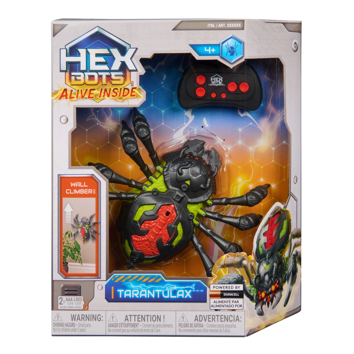 Hex Bots retail box featuring TARANTULAX crawling spider and black remote controller