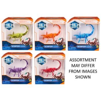 Assorted scorpion robot toys in retail boxes