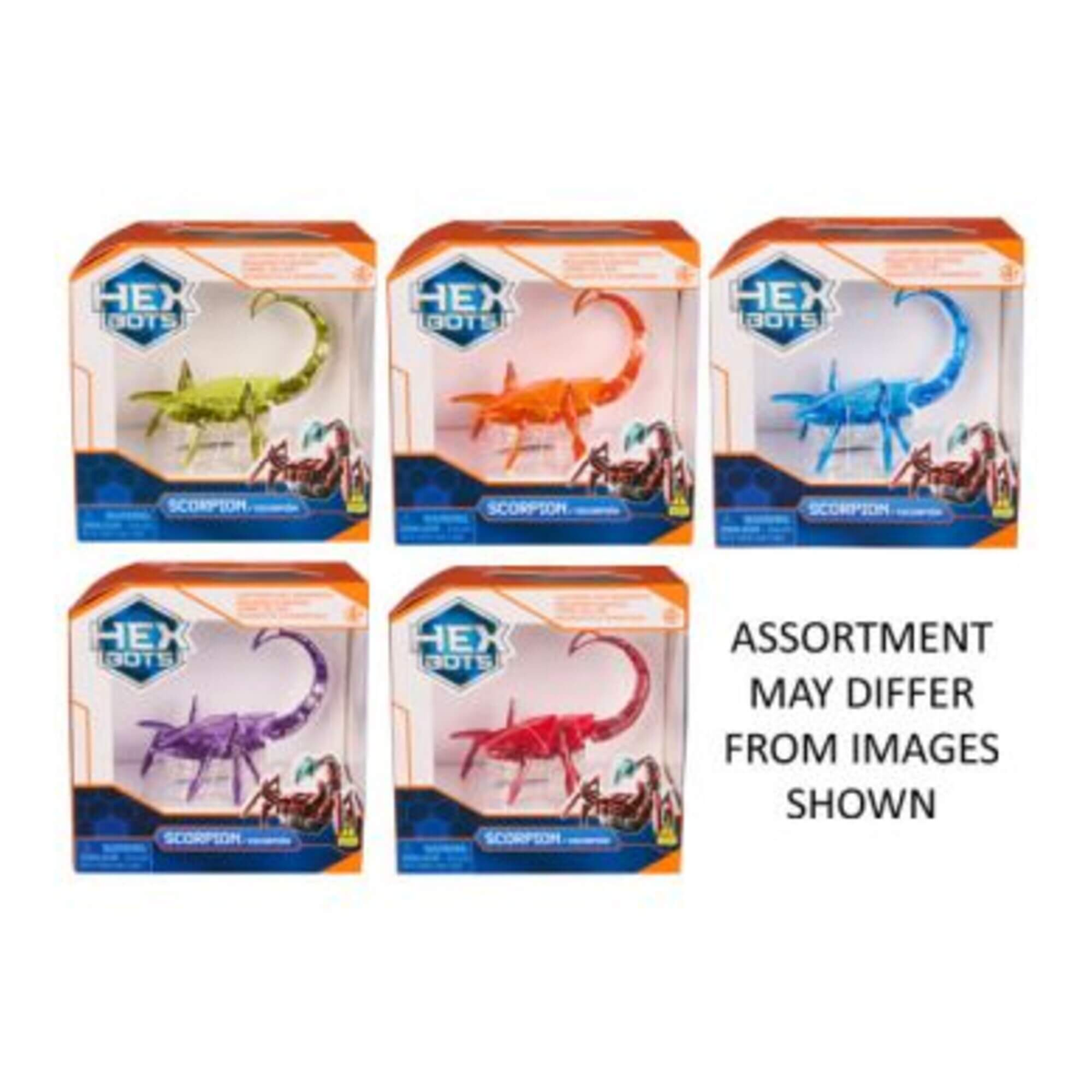 Set of scorpion-themed robot action figures in retail boxes, assorted colors