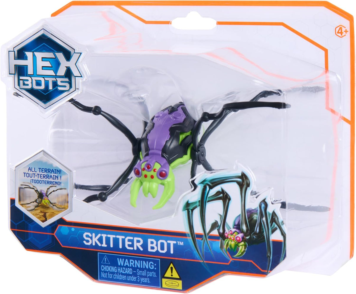 Skitter Bot toy in clear blister pack, black legs with purple body and green head