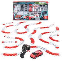 RC race track set with red-and-white bendable track pieces and handheld controller