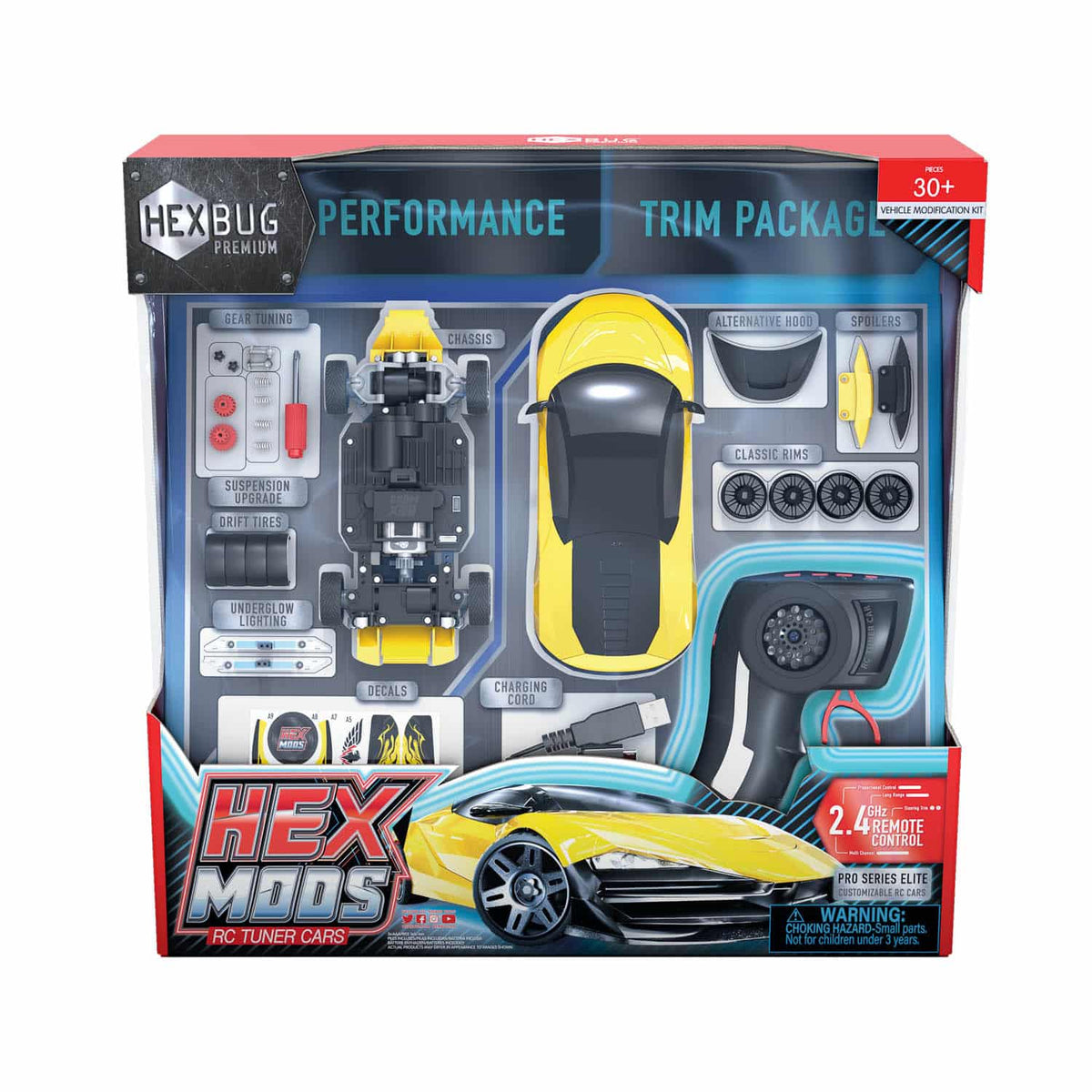RC racing car mod kit in retail box with yellow car and accessory modules