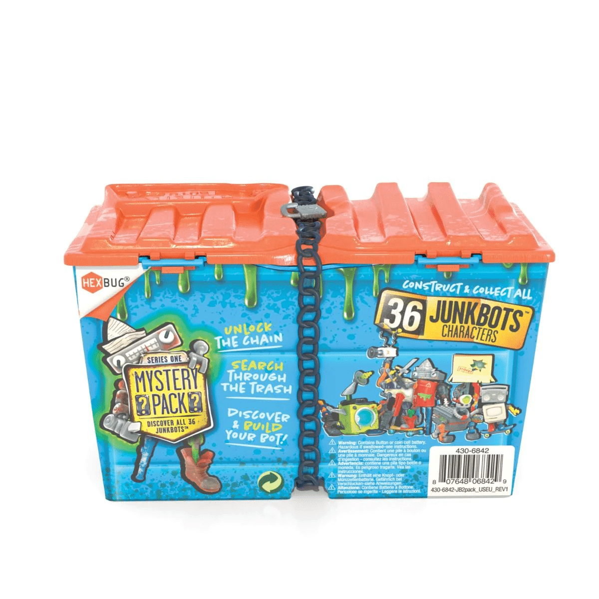 HEXBUG Junkbots double bin with orange lid and blue case, chain latch and toy bots