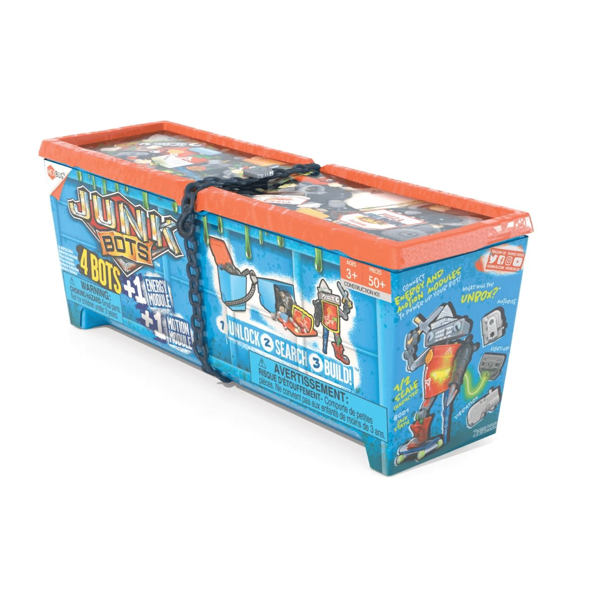 HEXBUG Junkbots large bin toy set packaging, blue with orange lid and graphic robots.