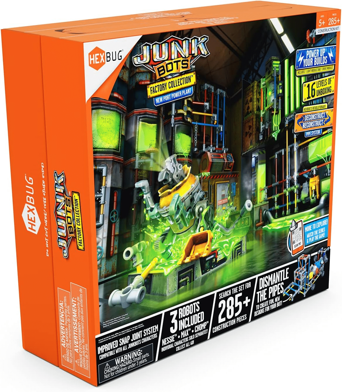 HEXBUG Junkbots power plant set box angled view with green lab scene