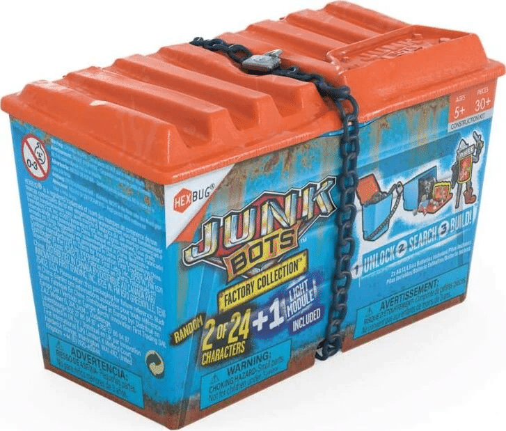 HEXBUG Junkbots Series 2 dumpster toy package with orange lid and black chain