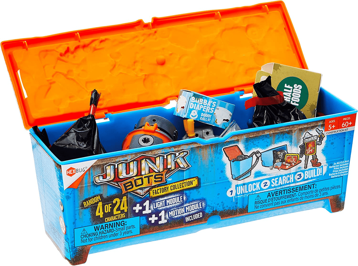 HEXBUG Junkbots Season 2 large dumpster toy box with open lid showing included pieces