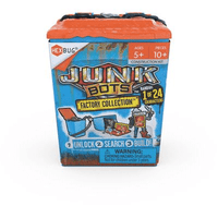 HEXBUG Junkbots trash bin toy in blue and orange packaging, with handle and chains