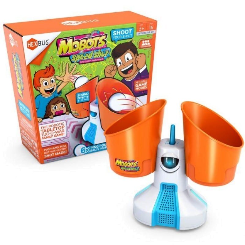 Toy robot speed launcher set with orange cups and white-blue base, includes box