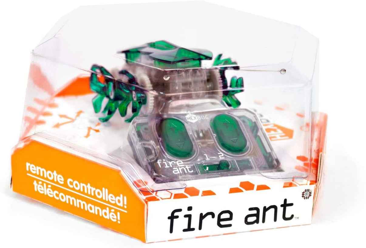 Remote-controlled micro robotic ant toy in clear blister, green accents.