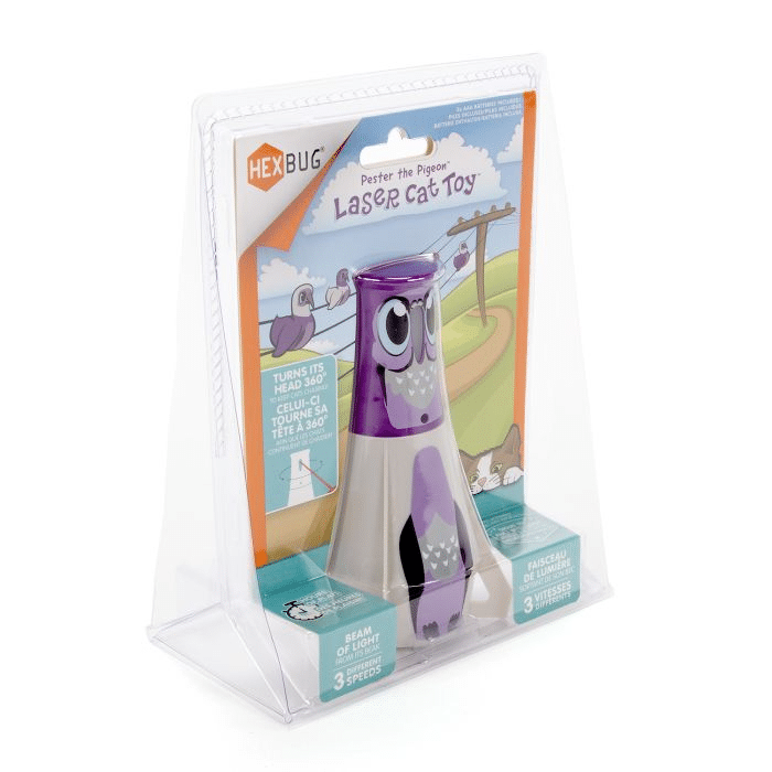 Purple and white laser cat toy with owl-like face, in clear blister package
